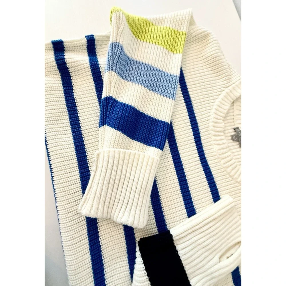 T by Talbots Stripe‎ Crewneck High-Low Sweater Tunic Ivory Multi Large Petite
